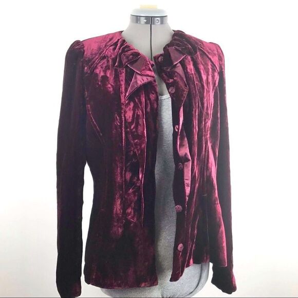T Tahari Wine Velvet Ruffle Front Blazer Jacket - Picture 3 of 16